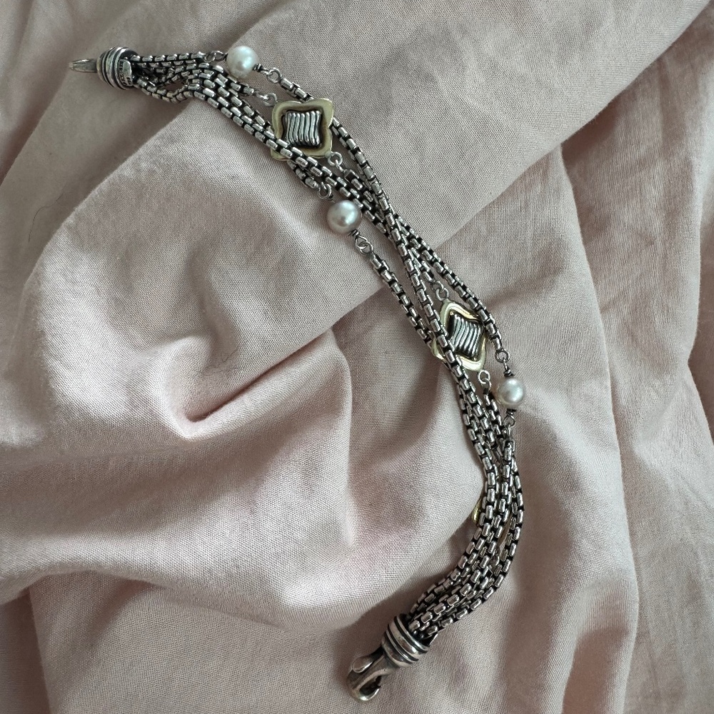 David Yurman Two Tone Pearl Quatrefoil Mutistrand Bracelet